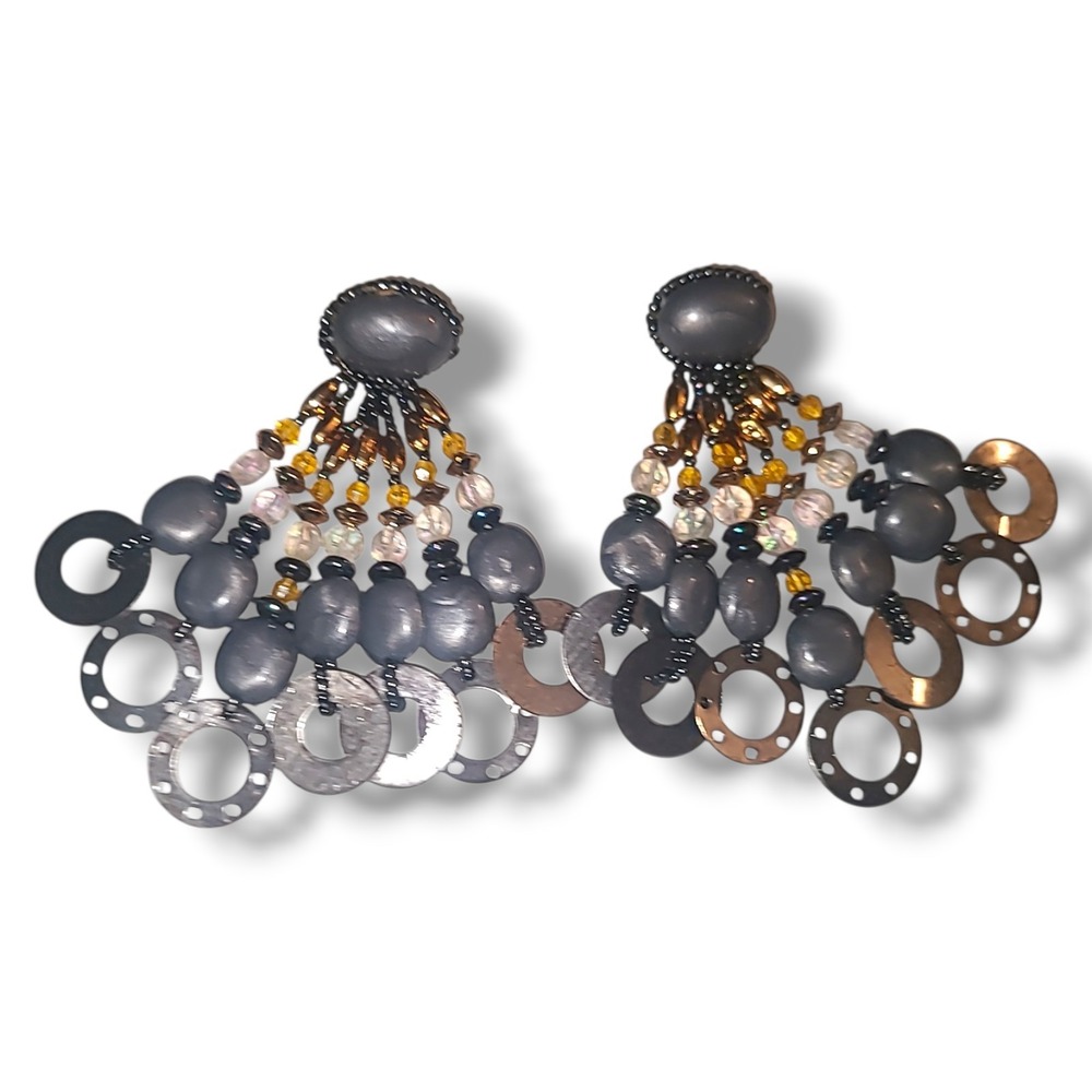Vintage 1980s Chipita Beaded Chandelier Earrings Gray Copper Pierced - Picture 2 of 3